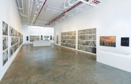 Installation image of drawings by Thomas Woodruff