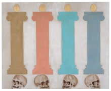 A painting of four columns, brown, pink, blue, and navy. Golden orbs are placed on top while skulls are resting underneath the pillars.