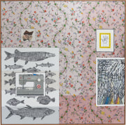 Zachary Armstrong painting with flowers on pink background, sewing machine, fish, book, and hand