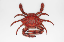 Red crab sculpture by Zachary Armstrong mounted on wall