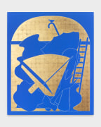 blue and gold painting with umbrella, ladder, sailboat