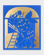 Blue and gold painting featuring motorcylce, ladder, butterfly, arrows, and dice