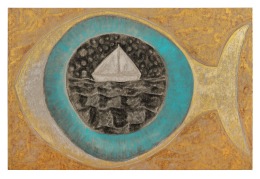 Francesco Clemente, The Eye of Ulysses, 2023, Oil on canvas, 61 1/2 x 93 inches (156.2 x 236.2 cm)  &copy; Francesco Clemente; Photo by Argenis Apolinario; Courtesy the artist and Vito Schnabel Gallery