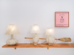 Installation view of Zachary Armstrong: New Work featuring lamps on a wooden shelf and painting by Zachary Armstrong