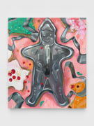 Jessica Westhafer painting of gingerbread man on pink background with cookies and cookie cutters