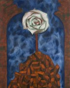 A painting of a white rose emerging over a pile of bricks. The sky is a dark blue and foggy.