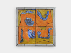 Lola Montes wall work with colorful organic forms on orange background painted on ceramic tiles