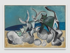 Homard et Chat sur la Plage, 14 January 1965 (Lobster and Cat on the Beach, 14 January 1965), 1965  Oil on canvas  35 x 51 1/4 inches (89 x 130 cm)  &copy; 2025 Estate of Pablo Picasso/Artists Rights Society (ARS), New York