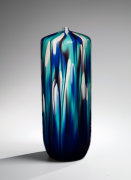 Tall cylindrical vase with small raised mouth covered in kutani glazes of dark blue, turquoise, dark purple and white, 2000-2003