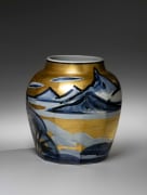 Blue-and-white glazed, faceted large vessel decorated with mountain landscape and gold overglaze ground, ca. 1973