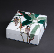 Porcelain covered box depicting titmice and bamboo, 2017