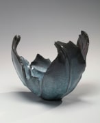 Sculptural open blossom-shaped vessel with blue celadon craquelure glazing that flares deep pink from the firing effects
