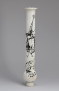 Tall, slender white columnar vase with round base and decoration of bird, 1949