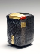 Black, dark gray, brown and gold-glazed faceted abstract patterning basara tea caddy