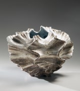 Flared pleated shell-shaped sculpture with glaze along the flaring edges and glazed interior, 2012