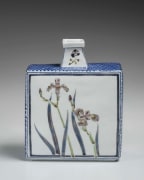 Flattened flask-shaped vessel depicting irises and mauve toad lilies, ca. 1989