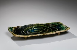 Oribe type rectangular, footed platter with carved, spiral patterning, ca. 2005