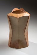 Bizen multi-faceted standing vessel with cinched waist, sculpted shoulder and raised three-lipped mouth, 1990