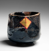 Salt, black, red, gold and silver-glazed triangular checkerboard&nbsp;basara faceted teabowl