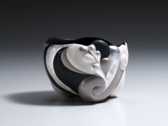 Carved teabowl with black, grey, white, and silver leaf patterns, 2017