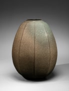 Ovoid faceted vessel with low raised round mouth and beishoku (rice-colored) celadon craquelure glaze with red-blush kiln effects, 2019