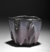 Straight-walled teabowl with unctuous, dripping craquelure, celadon-glazing flaring to deep pink