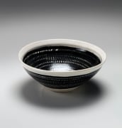 Black and white mishima (punch&rsquo;ong style) shallow teabowl with impressed thousand-dot pattern