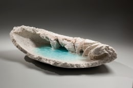 Ogawa Machiko (b. 1946), Torn, triangular vessel fragment with pooling of blue-green, translucent, crackled glass