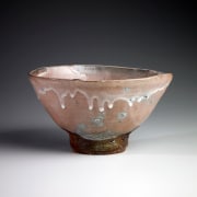 Pink Karatsu teabowl with dripping white glaze and raised foot, 2010