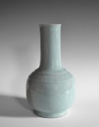 Kawase Shinobu (b. 1950), Craquelure Celadon-glazed vase with bulbous base, tubular neck and carved shoulder