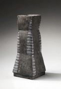 Triple-tiered vessel with blue, gray and white enamel-glazed stripes in curved vertical lozenges&nbsp;, 1979
