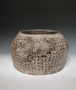 Brown stoneware vase with Korean buncheong-inspired white-slip inlay within stamped geometric patterning in the Mishima style&nbsp;, 1971