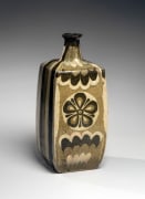 Neriage (marbleized) square bottle-vase with floral, scalloped and striped patterning in cream, tan and brown, ca. 1938