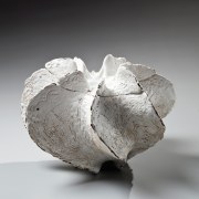 Koike, Shoko, Koike Shoko, white, shell, sculpture, contemporary, clay, Japanese, ceramics, pottery, waterjar, water jar, mizusashi, flaring, edges, incised, surface, patterning, pooling, glass, glaze, lid, stoneware, 2015