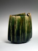 Large tall Oribe vessel in ovoid form with pinched edges and carved vertical faceted bands on sides and top&nbsp;, Stoneware with Oribe glaze&nbsp;