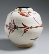 Aka-e&nbsp;red-glazed globular flower vessel, ca. 1965-70
