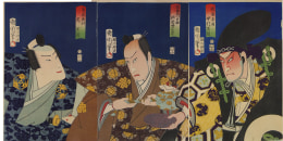Toyohara Kunichika (1035-1900) Three kabuki actors in their roles from the celebrated play Datemusume koi no higanoko Nakamura Shikan IV (1831-99) as Sato Masakiyo, Kawarazaki Sansho (1838-1903) [Ichikawa Danjuro IX] as Matsuda Samonnosuke Arashi Rikaku [Rikan] IV (1837-94) as Kishizawa Minbu 1867, 7th month Oban tate-e tryptych, Japanese woodblock prints, ukiyoe, ukiyo-e, hanga, yakusha, actor prints, Ichikawa Danjuro