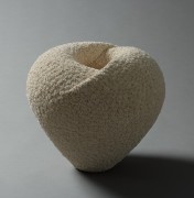 Hōyō; Embrace&nbsp; Swirling, round white sculpture with tapering base and covered both inside and outside with tiny gathered bundles of shaved clay