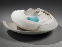 Ogawa Machiko, Layered, rounded, porcelain, fragmented vessel with pooling blue-green translucent crackled glass, 2014. Japanese ceramic, contemporary, modern, sculpture