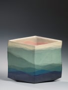 Oblong diamond-shaped vessel covered in graduated colored clay banding titled, Saidei kaki-Haru; &quot;Distance&quot;&nbsp;, 2000