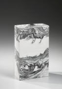 Standing rectangular black and white marbleized sculpture with horizontal wave layers against a broad white ground covered with &ldquo;silver mist&rdquo; over-glazing&nbsp;, 2021
