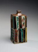 Square bottle-vase with vertical bands and patterning in red and green glazes and persimmon glaze