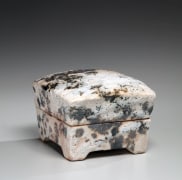 Shino-type square covered box with domed lid, cut-out foot, sloped sides and iron-oxide decoration