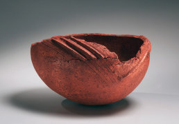 Ovoid red vessel with linear motif, torn and uneven rim, 2012