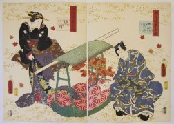 Utagawa Kunisada,  (1786-1865), 1859, 1st month, Genji reads a poem slip hanging from a branch, Oban tate-e diptych, diptych, Japanese hanga, Japanese woodblock prints, Japanese ukiyoe, Japanese ukiyo-e, Japanese hanga, Japanese bijinga