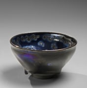 Wide conical teabowl with extensive tenmoku oil-spot patterns, dripping glaze, 2021