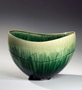 Dripping, gradated green-glazed rounded almond-shaped standing vessel, 2016