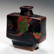 Footed rectangular flattened flask with splashed designs, ca. 1960