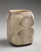 Rounded-square vessel with white and silver geometric glaze design&nbsp;, 1972