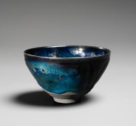 Tenmoku conical teabowl with spotted blue crystalline kiln effects
